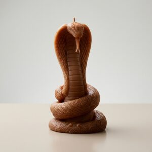 Vela artesanal escultórica de serpiente cobra real erguida con capucha desplegada
