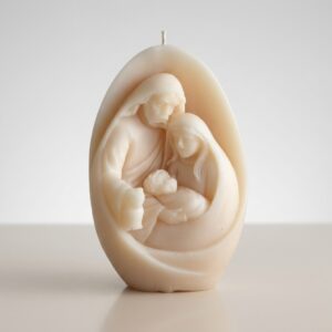 Vela artesanal escultórica de la Sagrada Familia en forma de óvalo envolvente