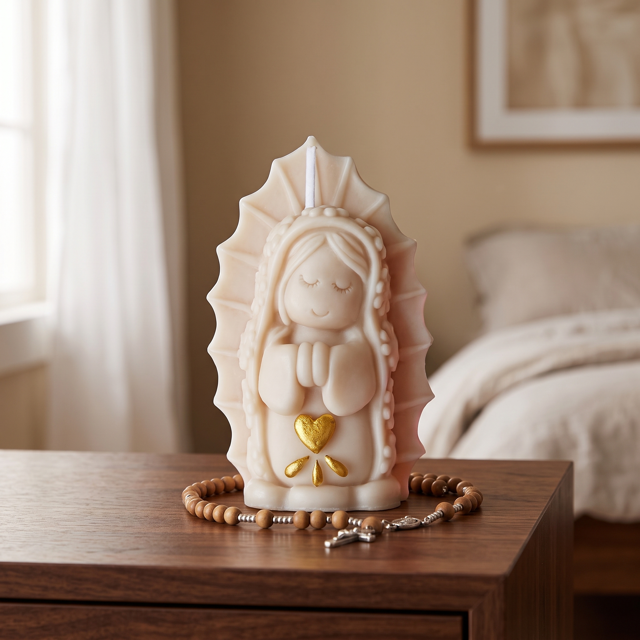 Vela Virgen María Decorativa - ANAVRIN Vela artesanal con forma de Virgen María rezando, con detalles dorados en el corazón, sobre un fondo minimalista y elegante.