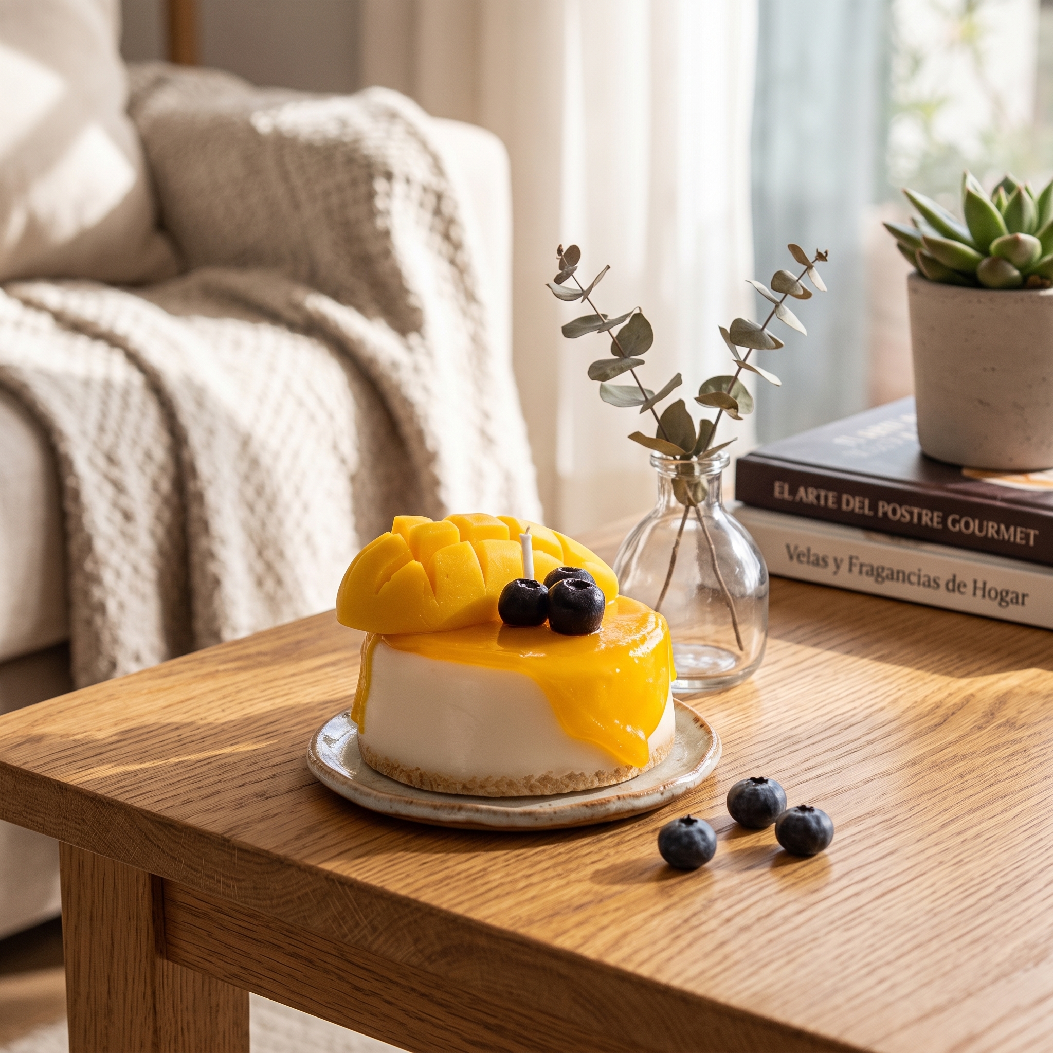 Vela Decorativa Postre de Mango y Arándanos - ANAVRIN vela cheesecake mango decoracion sala anavrin