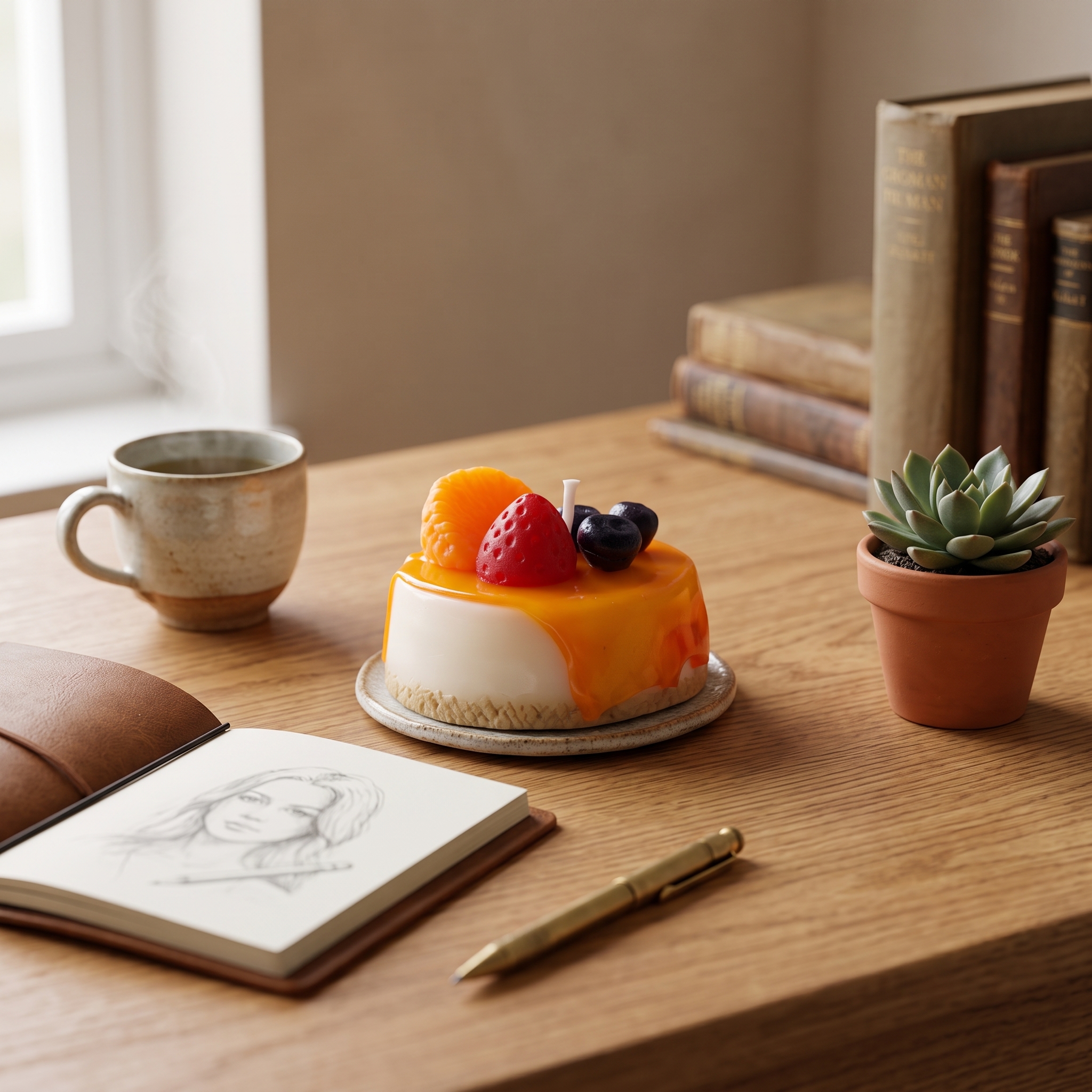 Vela Decorativa Postre de Frutas Panna Cotta - ANAVRIN Vela decorativa artesanal hiperrealista en forma de postre panna cotta con sirope de naranja, fresa, mandarina y arándanos de cera