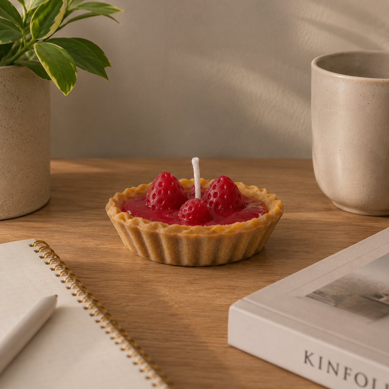 Vela Decorativa Tartaleta de Fresa - ANAVRIN Vela artesanal hiperrealista en forma de tartaleta de fresa con bordes ondulados, relleno rojo y fresas