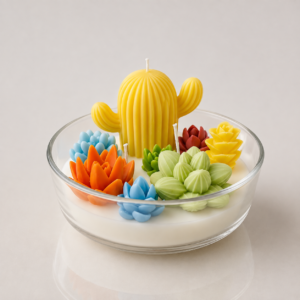 Vela artesanal hiperrealista en vaso de vidrio tipo terrario con diseño de cactus y suculentas