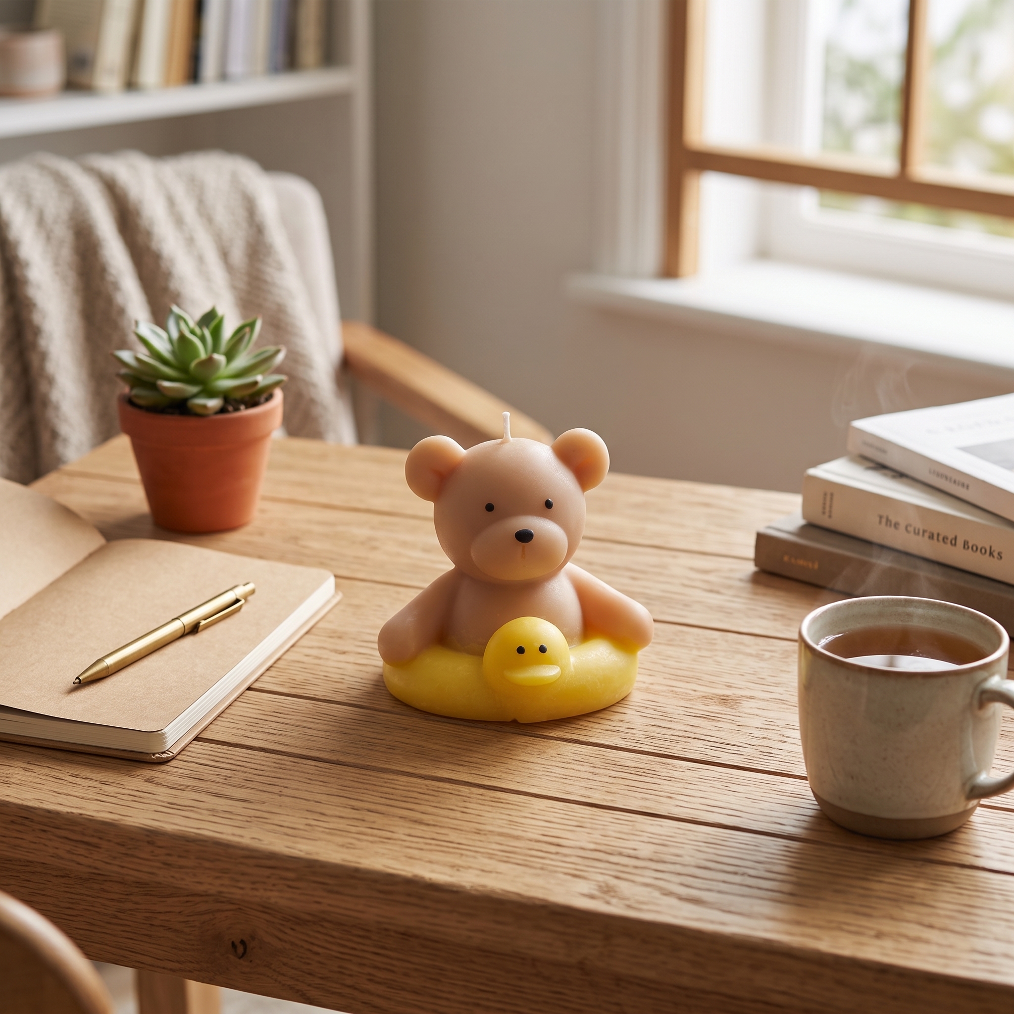 Vela Decorativa Osito en Patito - ANAVRIN Vela decorativa artesanal en forma de oso de peluche café claro sentado dentro de un flotador de patito amarillo